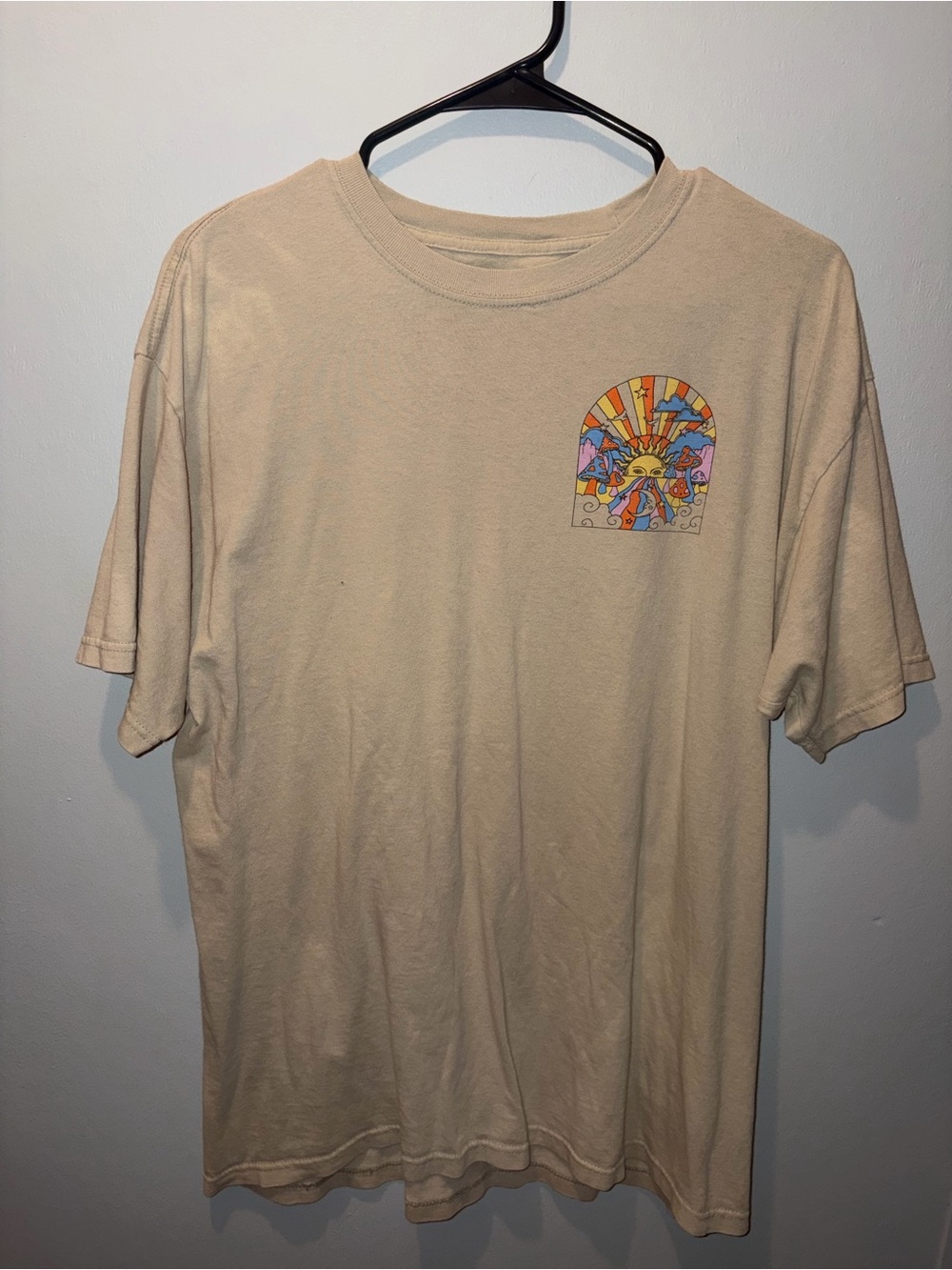 Beige Graphic Crewneck Tee with Colorful Sunburst Motif